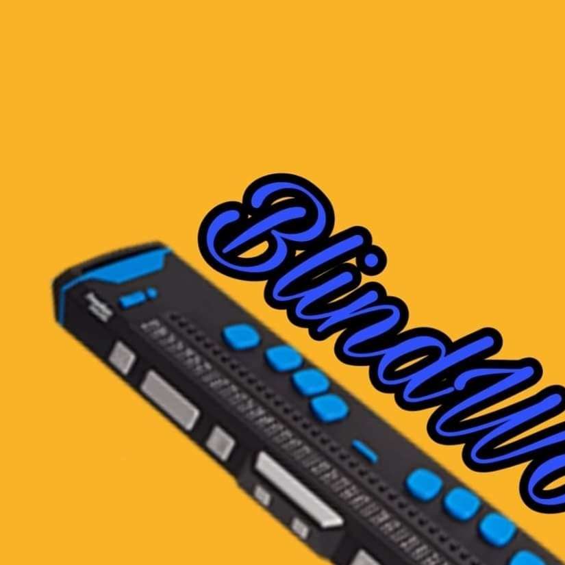 Una Barra Braille da 80 caratteri in campo arancione sovrastata dalla scritta "BlindWorld" in grassetto di colore blu scuro