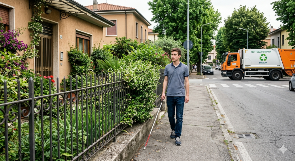 Persona con polo grigia, jeans blu e scarpe sportive scure che cammina usando il bastone bianco lungo una ringhiera da cui sporgono delle piante.
Sullo sfondo, a destra, c'è un camion arancione con scritte in italiano, che sembra un veicolo di nettezza urbana, fermo vicino a un passaggio pedonale.